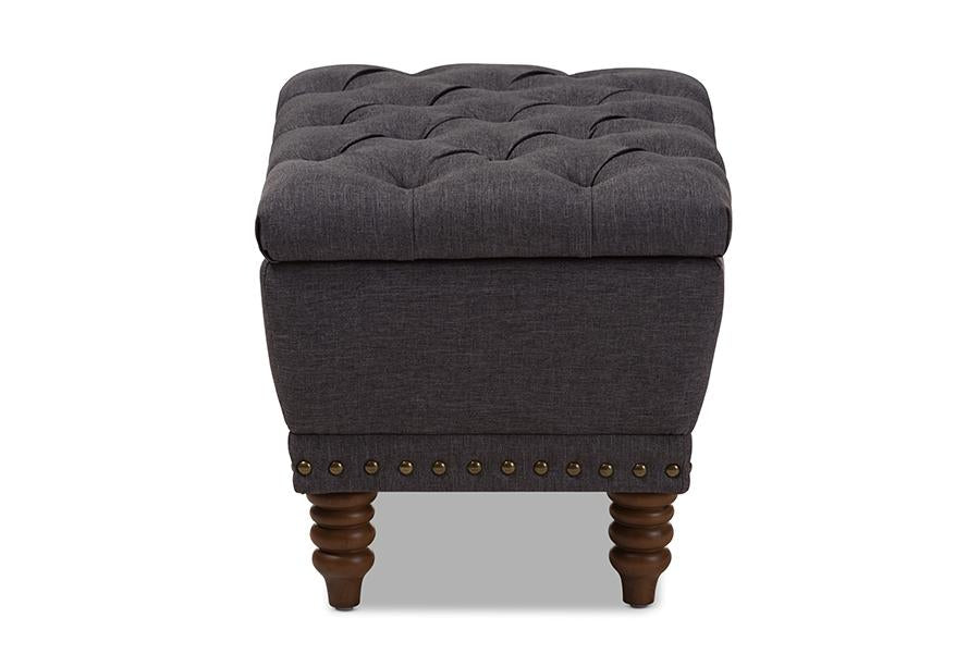 Baxton Studio Annabelle Modern and Contemporary Dark Grey Fabric Upholstered Walnut Wood Finished Button-Tufted Storage Ottoman