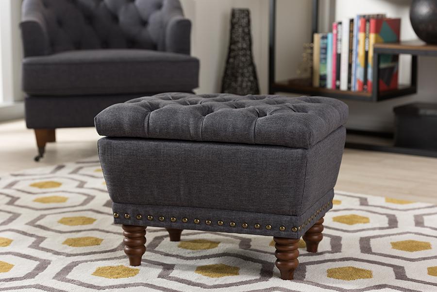 Baxton Studio Annabelle Modern and Contemporary Dark Grey Fabric Upholstered Walnut Wood Finished Button-Tufted Storage Ottoman