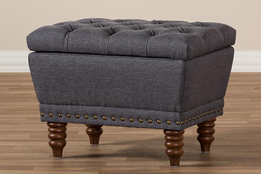 Baxton Studio Annabelle Modern and Contemporary Dark Grey Fabric Upholstered Walnut Wood Finished Button-Tufted Storage Ottoman