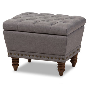 Baxton Studio Annabelle Modern and Contemporary Light Grey Fabric Upholstered Walnut Wood Finished Button-Tufted Storage Ottoman