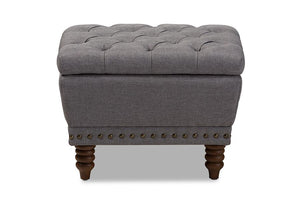 Baxton Studio Annabelle Modern and Contemporary Light Grey Fabric Upholstered Walnut Wood Finished Button-Tufted Storage Ottoman