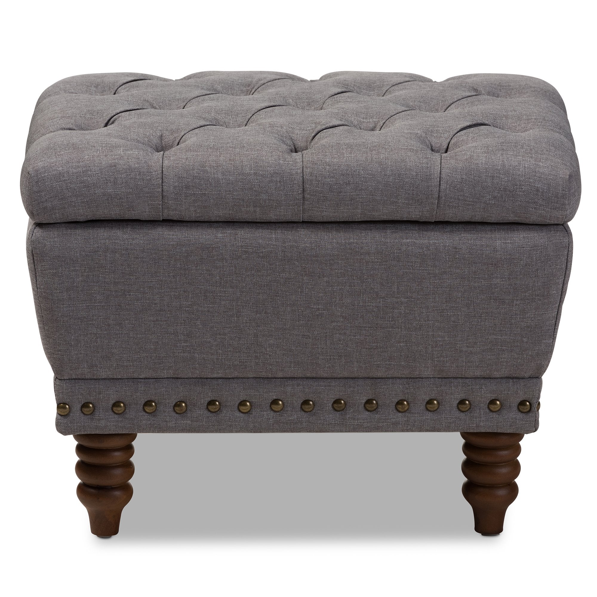 Baxton Studio Annabelle Modern and Contemporary Light Grey Fabric Upholstered Walnut Wood Finished Button-Tufted Storage Ottoman