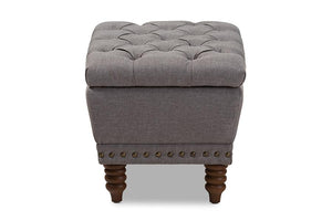 Baxton Studio Annabelle Modern and Contemporary Light Grey Fabric Upholstered Walnut Wood Finished Button-Tufted Storage Ottoman