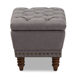 Baxton Studio Annabelle Modern and Contemporary Light Grey Fabric Upholstered Walnut Wood Finished Button-Tufted Storage Ottoman