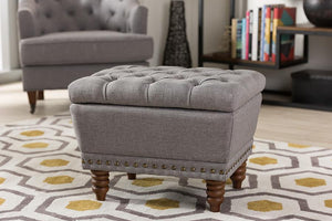 Baxton Studio Annabelle Modern and Contemporary Light Grey Fabric Upholstered Walnut Wood Finished Button-Tufted Storage Ottoman