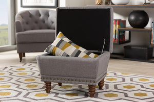 Baxton Studio Annabelle Modern and Contemporary Light Grey Fabric Upholstered Walnut Wood Finished Button-Tufted Storage Ottoman