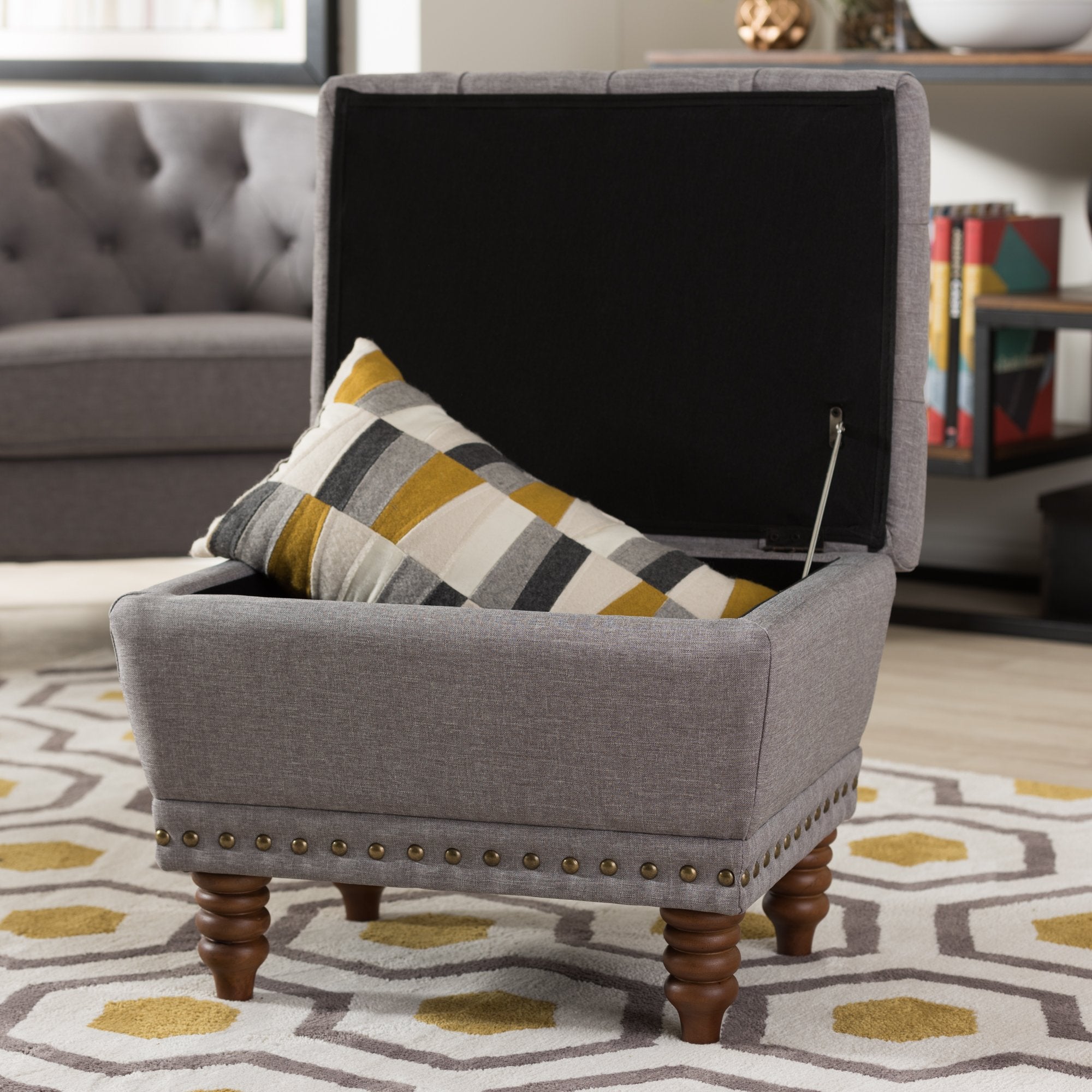 Baxton Studio Annabelle Modern and Contemporary Light Grey Fabric Upholstered Walnut Wood Finished Button-Tufted Storage Ottoman