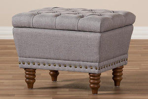 Baxton Studio Annabelle Modern and Contemporary Light Grey Fabric Upholstered Walnut Wood Finished Button-Tufted Storage Ottoman