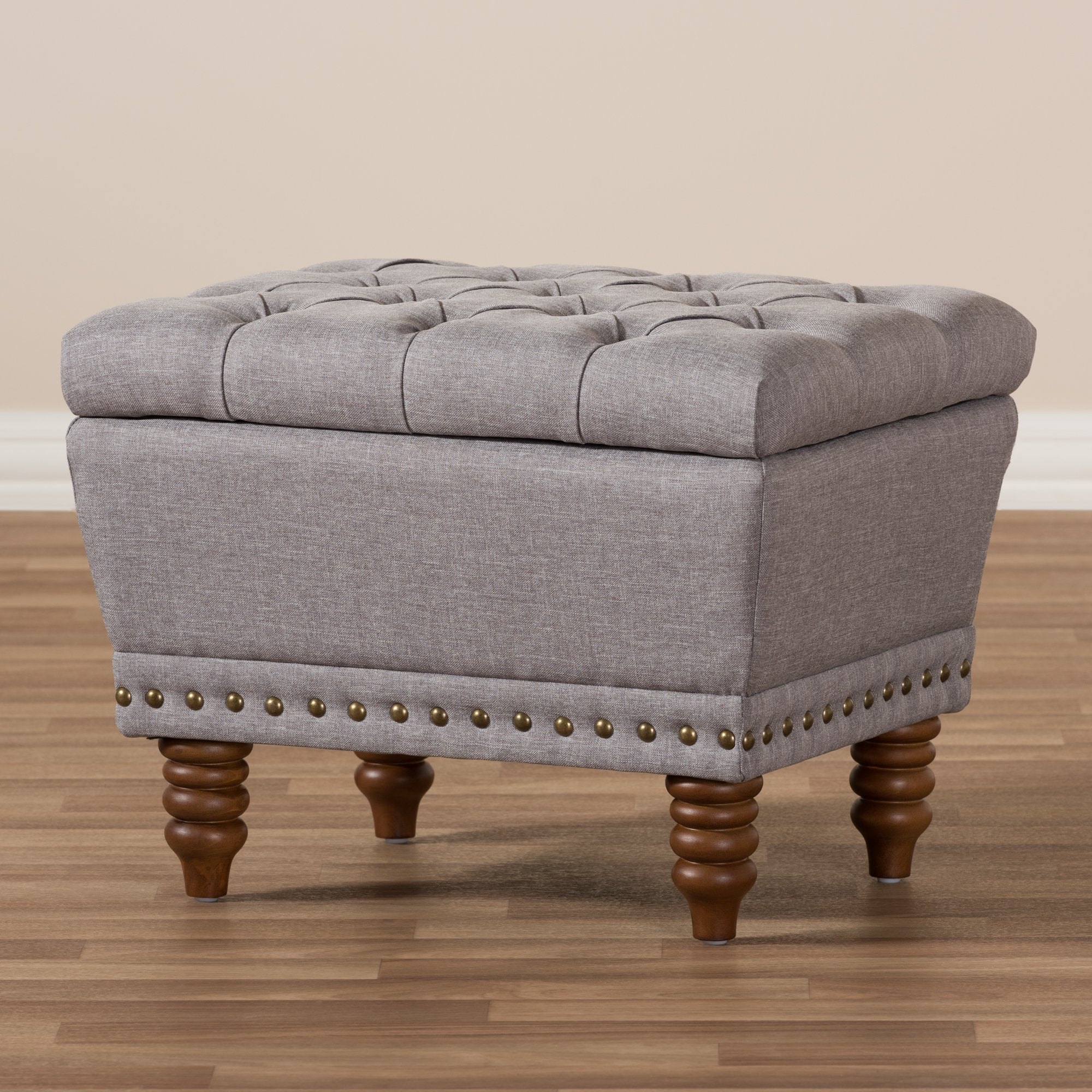 Baxton Studio Annabelle Modern and Contemporary Light Grey Fabric Upholstered Walnut Wood Finished Button-Tufted Storage Ottoman