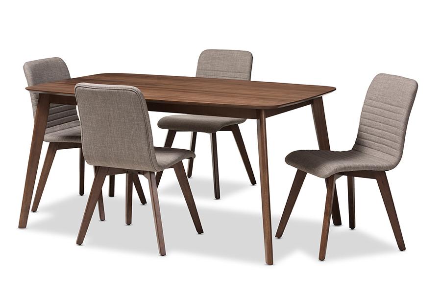 Baxton Studio Sugar Mid-Century Modern Light Grey Fabric Upholstered Walnut Wood Finished 5-Piece Dining Set