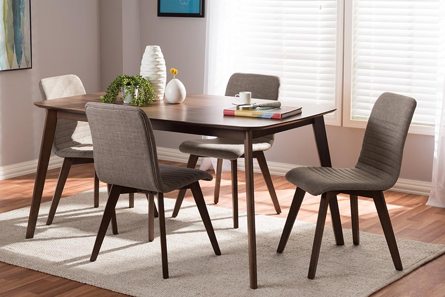 Baxton Studio Sugar Mid-Century Modern Light Grey Fabric Upholstered Walnut Wood Finished 5-Piece Dining Set