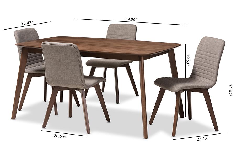 Baxton Studio Sugar Mid-Century Modern Light Grey Fabric Upholstered Walnut Wood Finished 5-Piece Dining Set