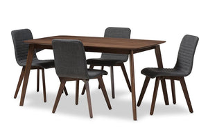 Baxton Studio Sugar Mid-Century Modern Dark Grey Fabric Upholstered Walnut Wood Finished 5-Piece Dining Set