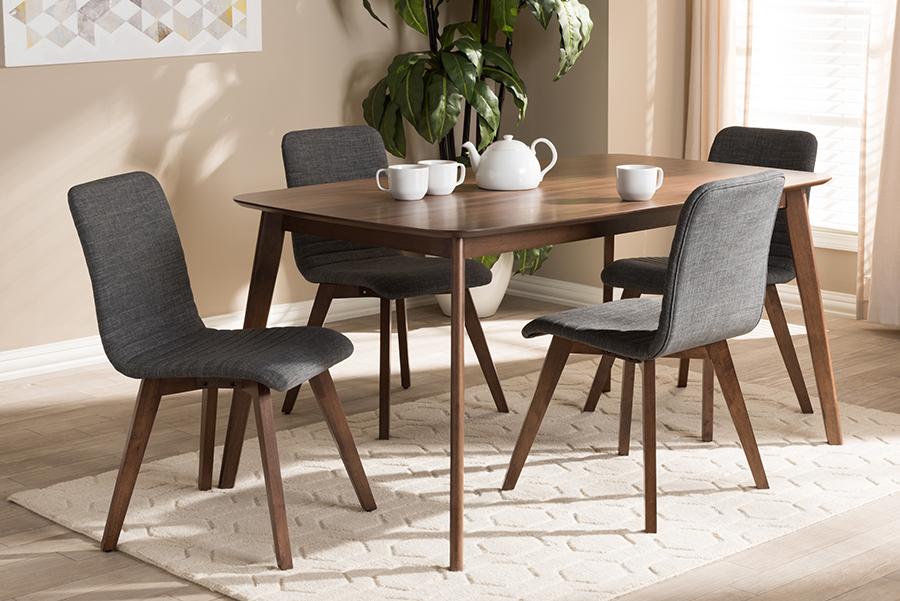 Baxton Studio Sugar Mid-Century Modern Dark Grey Fabric Upholstered Walnut Wood Finished 5-Piece Dining Set