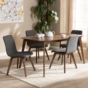 Baxton Studio Sugar Mid-Century Modern Dark Grey Fabric Upholstered Walnut Wood Finished 5-Piece Dining Set