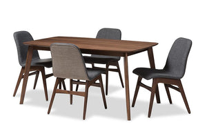 Baxton Studio Embrace Mid-Century Modern Dark Grey Fabric Upholstered Walnut Wood Finished 5-Piece Dining Set