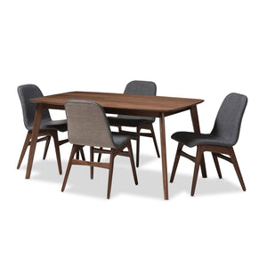 Baxton Studio Embrace Mid-Century Modern Dark Grey Fabric Upholstered Walnut Wood Finished 5-Piece Dining Set