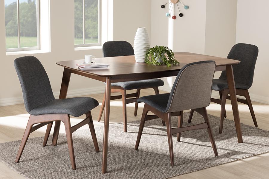 Baxton Studio Embrace Mid-Century Modern Dark Grey Fabric Upholstered Walnut Wood Finished 5-Piece Dining Set