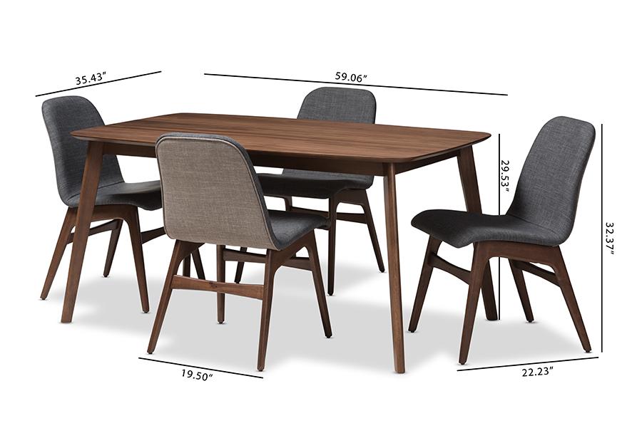 Baxton Studio Embrace Mid-Century Modern Dark Grey Fabric Upholstered Walnut Wood Finished 5-Piece Dining Set