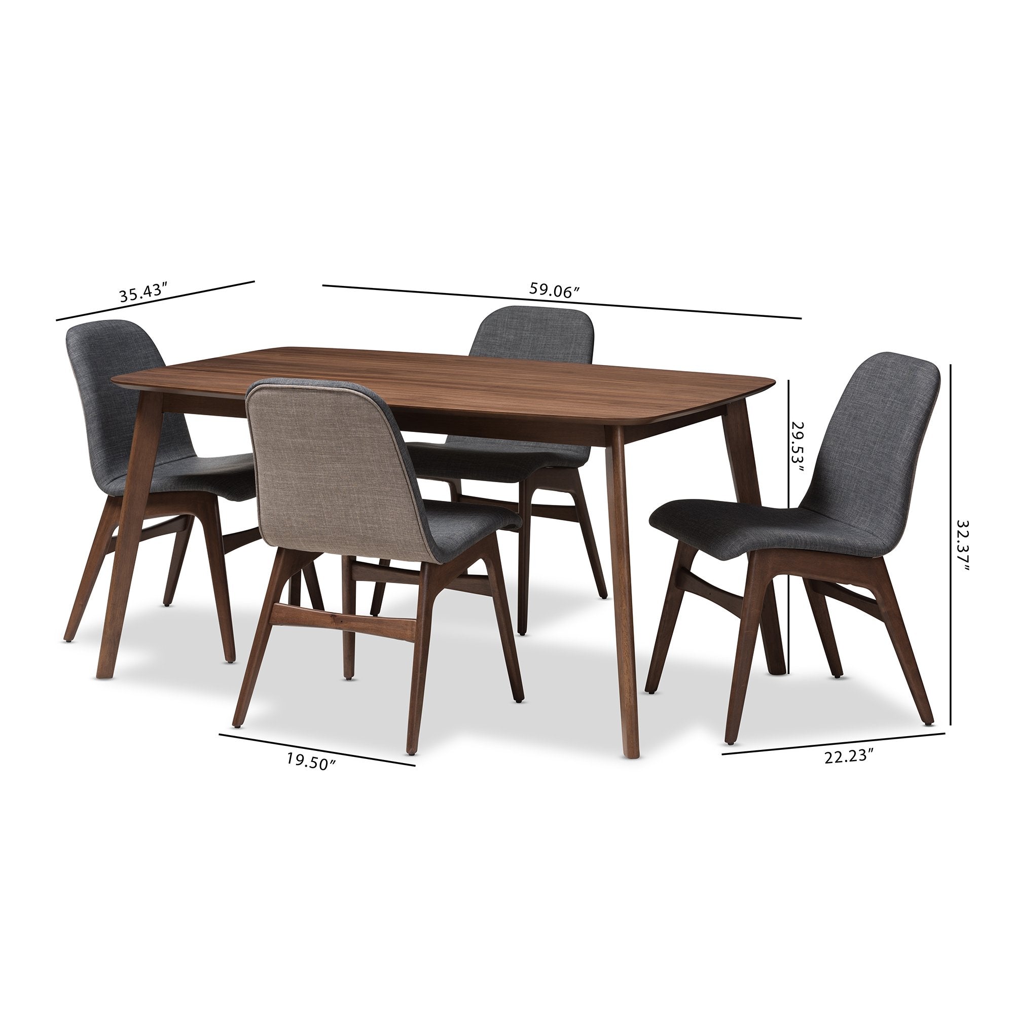 Baxton Studio Embrace Mid-Century Modern Dark Grey Fabric Upholstered Walnut Wood Finished 5-Piece Dining Set