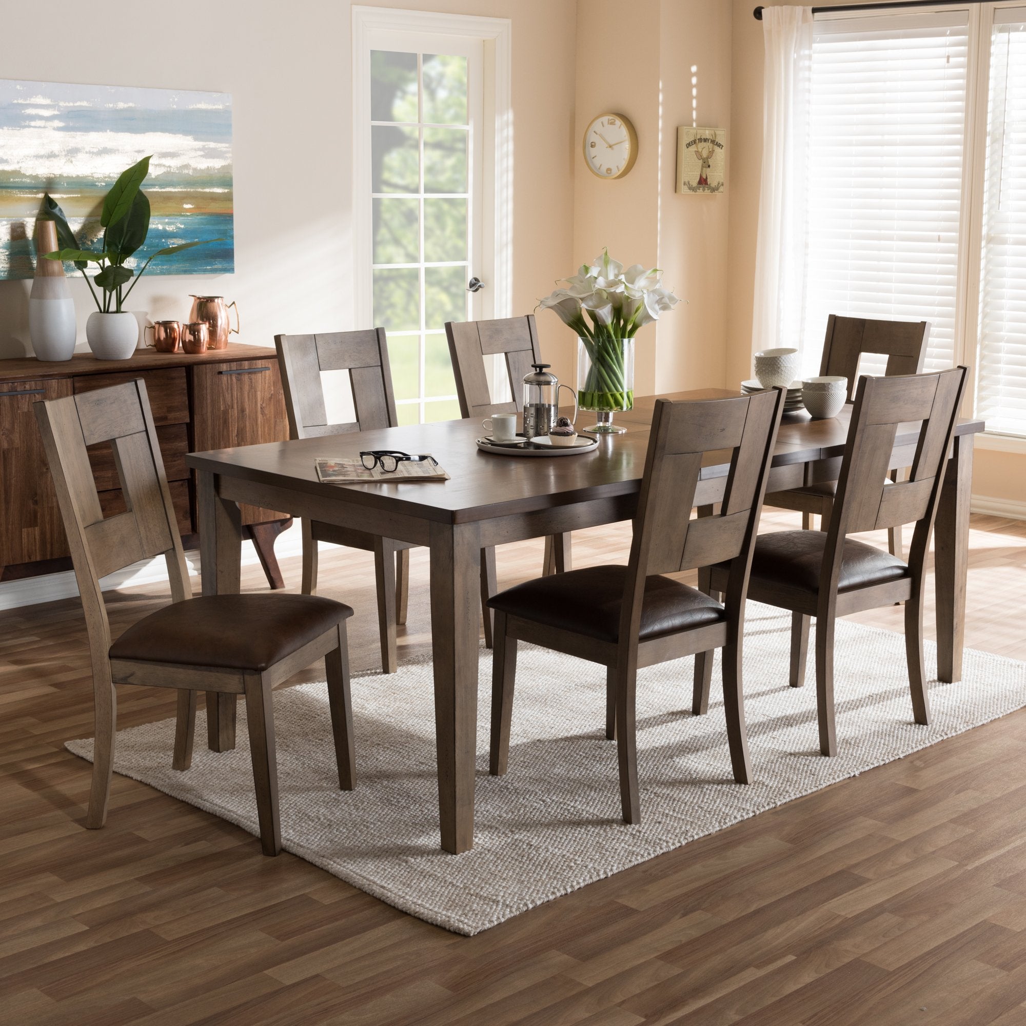 Baxton Studio Gillian Shabby Chic Country Cottage Weathered Grey and Oak Brown 2-Tone Finishing 7-Piece Dining Set With Extendable Dining Table