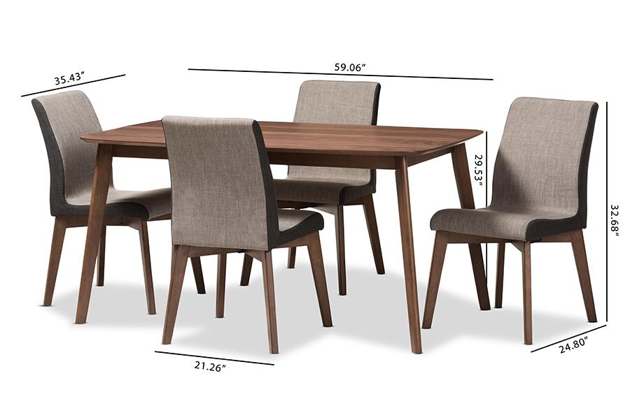 Baxton Studio Kimberly Mid-Century Modern Beige and Brown Fabric 5-Piece Dining Set