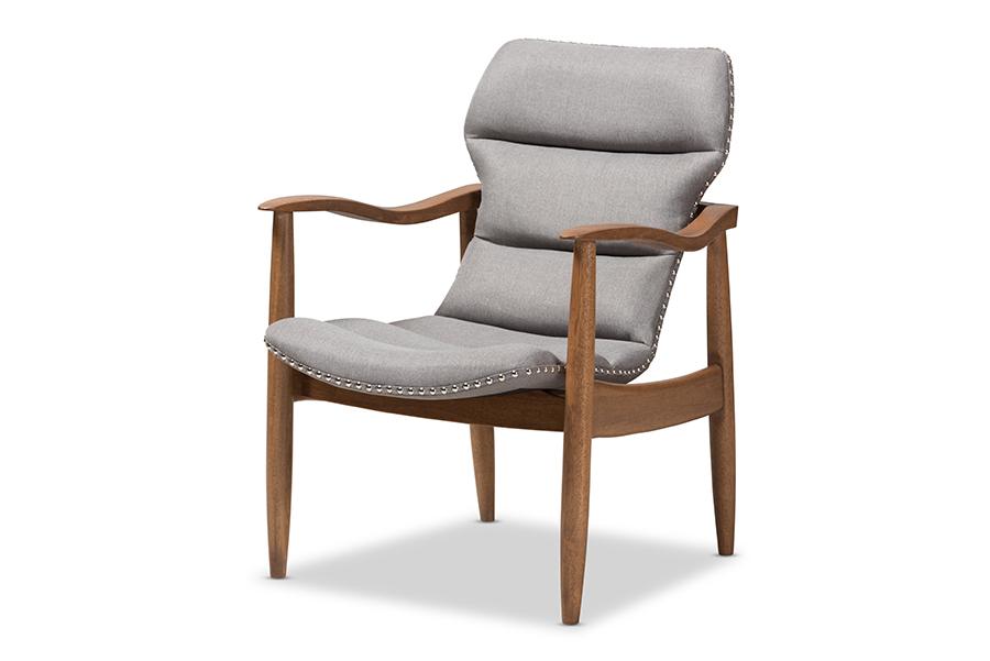 Baxton Studio Hadley Mid-Century Modern Grey Fabric and Walnut Brown Finished Wood Lounge Chair