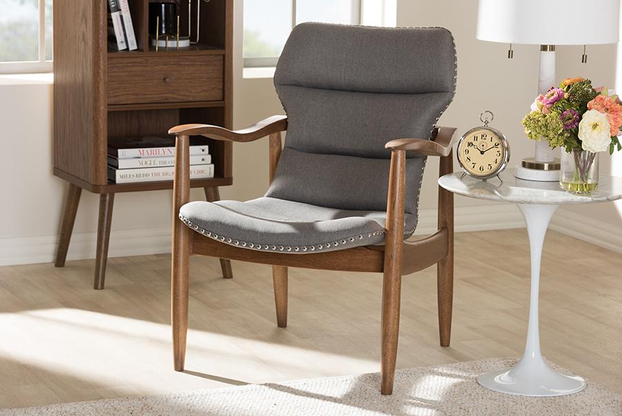 Baxton Studio Hadley Mid-Century Modern Grey Fabric and Walnut Brown Finished Wood Lounge Chair