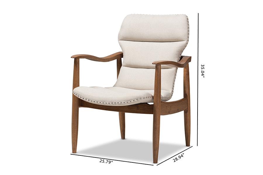 Baxton Studio Hadley Mid-Century Modern Light Beige Fabric and Walnut Brown Finished Wood Lounge Chair