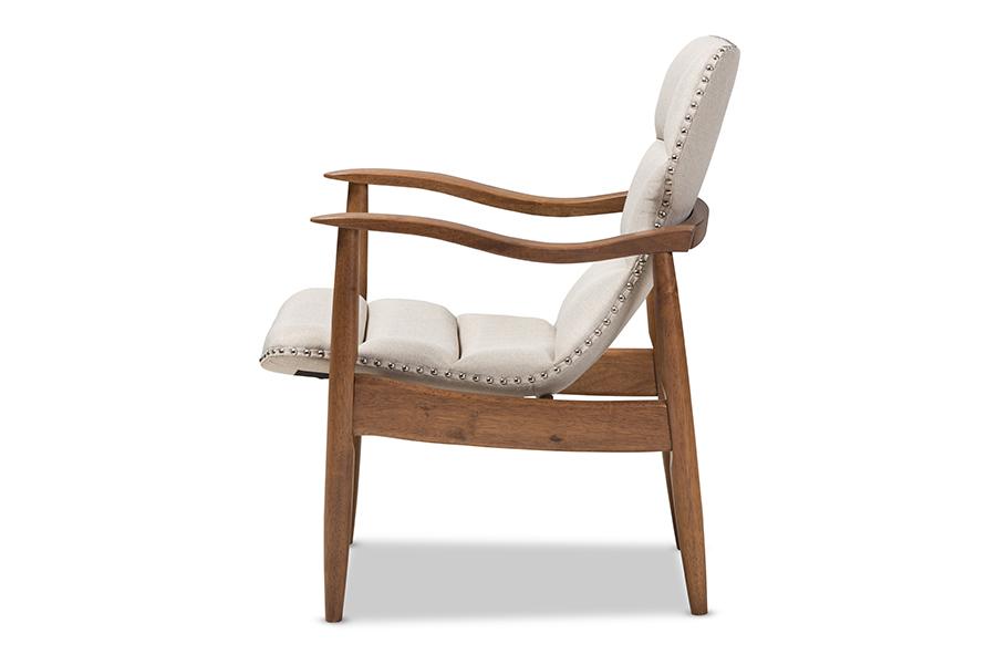 Baxton Studio Hadley Mid-Century Modern Light Beige Fabric and Walnut Brown Finished Wood Lounge Chair