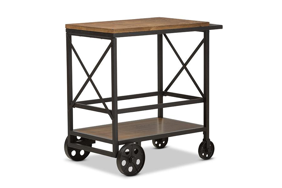 Baxton Studio Chester Rustic Industrial Style Oak Brown Finished Wood and Black Finished Metal Mobile Serving Cart