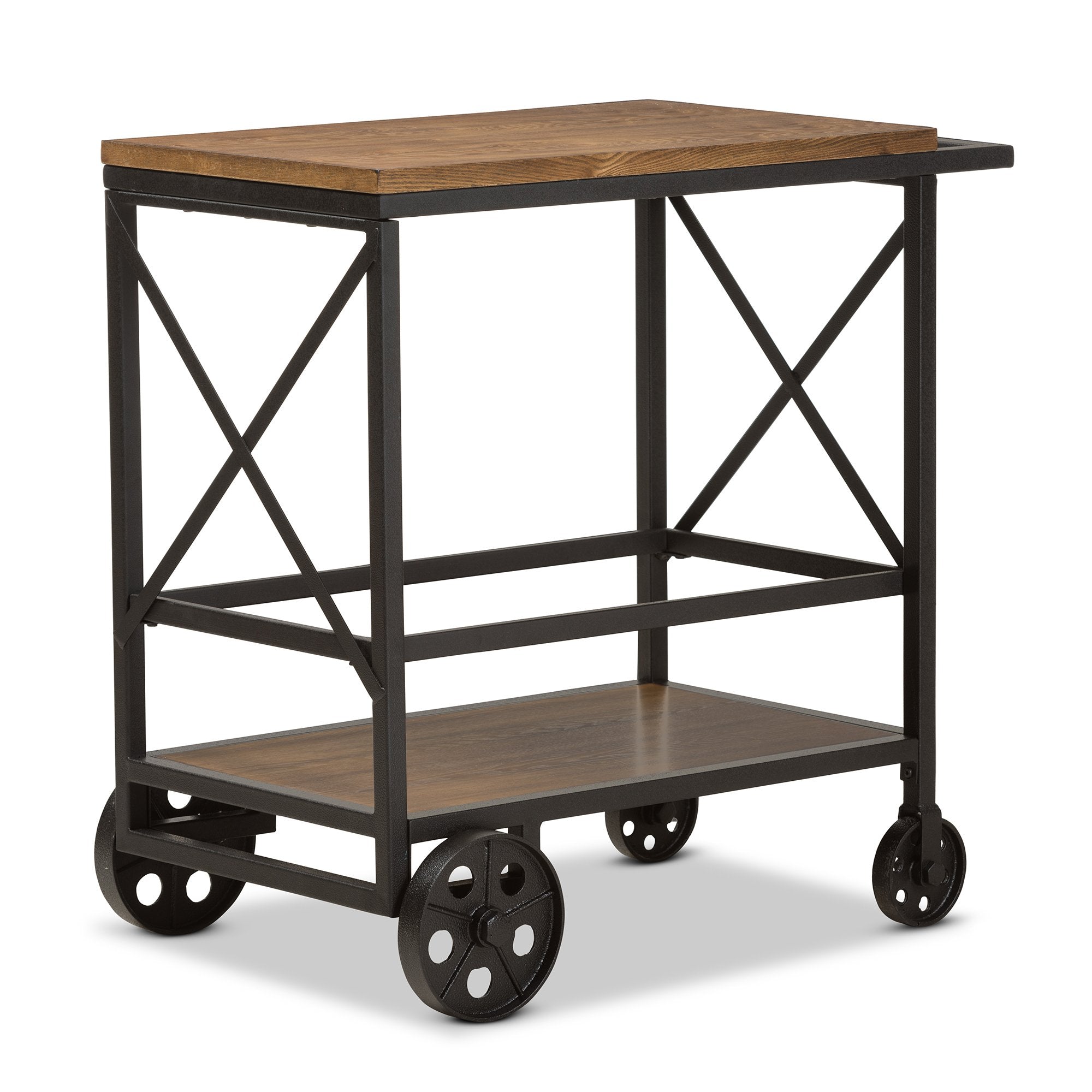 Baxton Studio Chester Rustic Industrial Style Oak Brown Finished Wood and Black Finished Metal Mobile Serving Cart