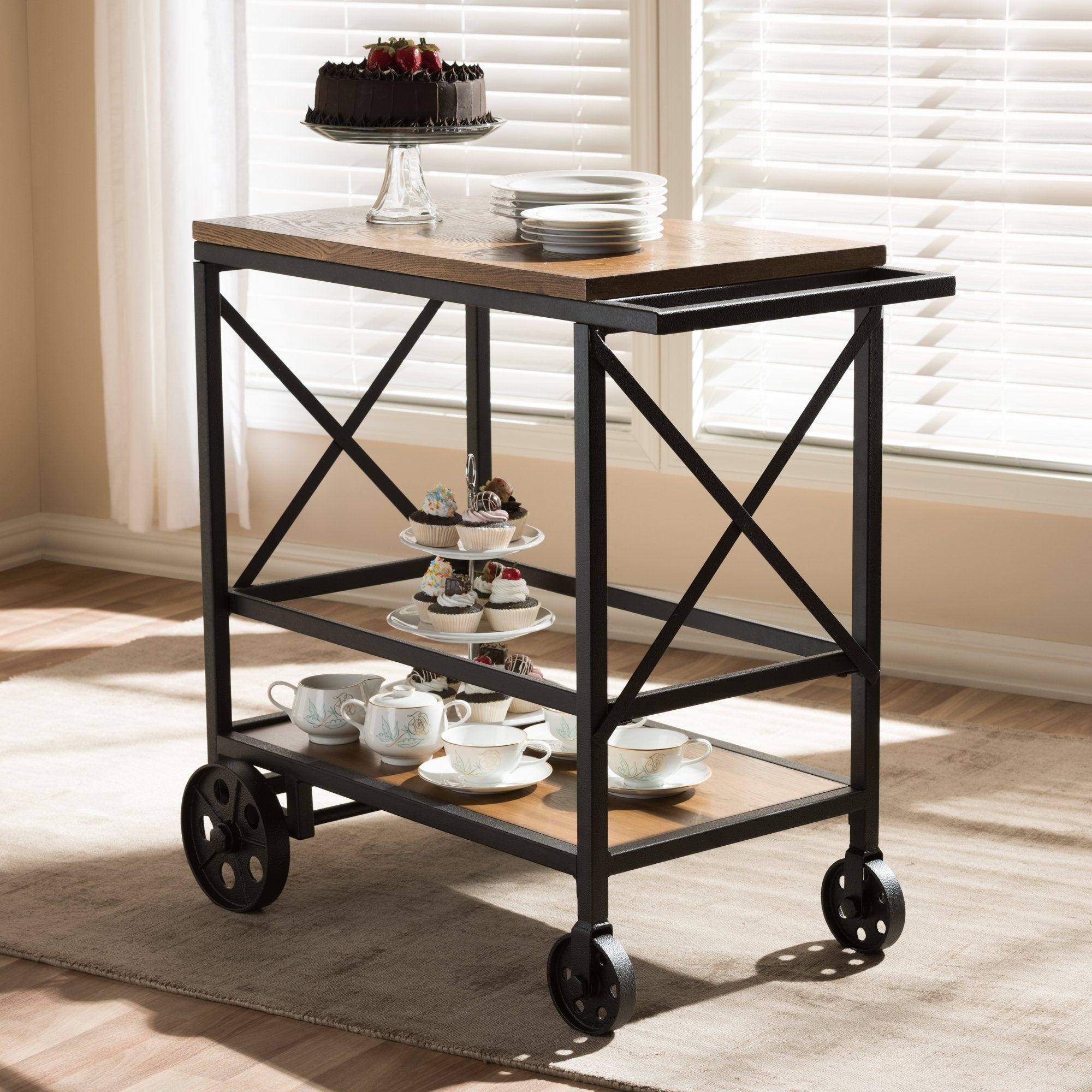 Baxton Studio Chester Rustic Industrial Style Oak Brown Finished Wood and Black Finished Metal Mobile Serving Cart