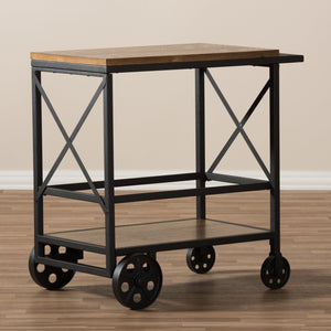 Baxton Studio Chester Rustic Industrial Style Oak Brown Finished Wood and Black Finished Metal Mobile Serving Cart