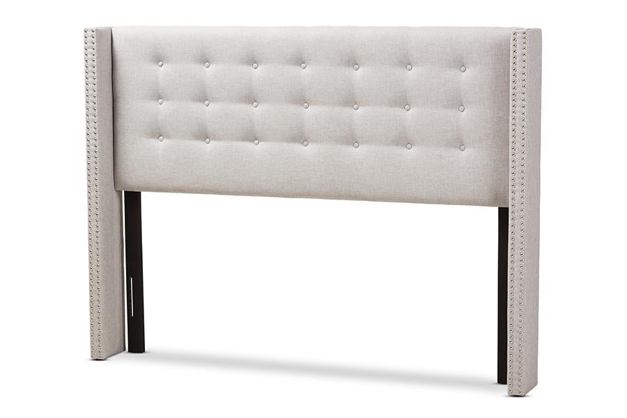 Baxton Studio Ginaro Modern And Contemporary Greyish Beige Fabric Button-Tufted Nail head Queen Size Winged Headboard