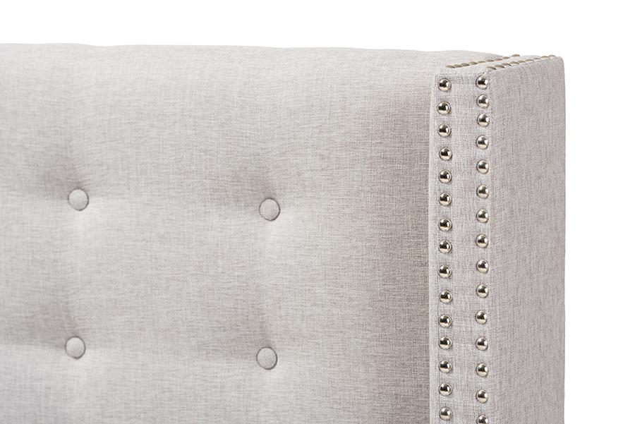 Baxton Studio Ginaro Modern And Contemporary Greyish Beige Fabric Button-Tufted Nail head King Size Winged Headboard