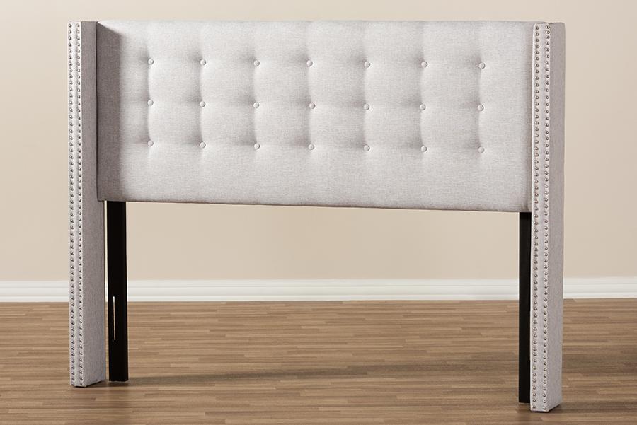 Baxton Studio Ginaro Modern And Contemporary Greyish Beige Fabric Button-Tufted Nail head Full Size Winged Headboard