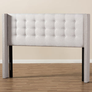 Baxton Studio Ginaro Modern And Contemporary Greyish Beige Fabric Button-Tufted Nail head Queen Size Winged Headboard