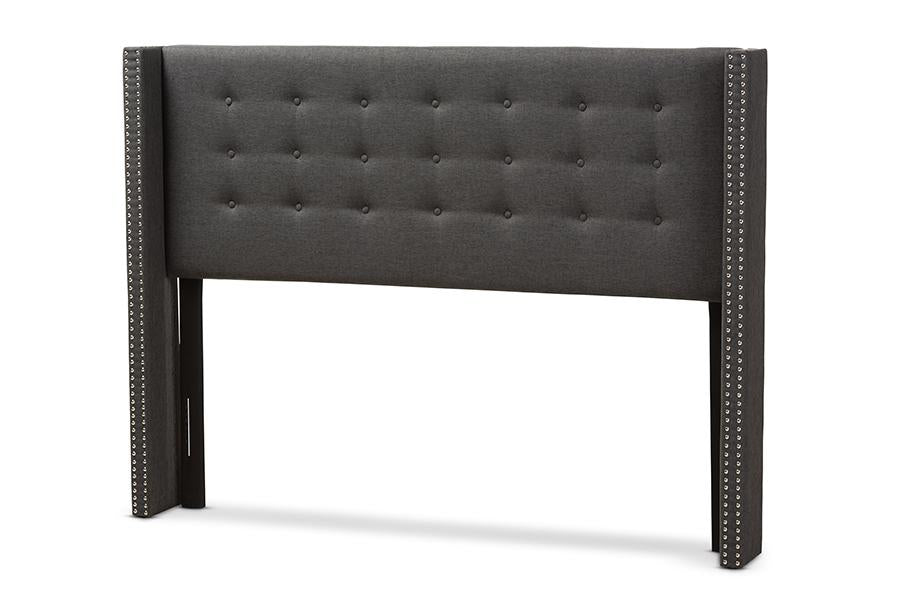 Baxton Studio Ginaro Modern And Contemporary Dark Grey Fabric Button-Tufted Nail head King Size Winged Headboard