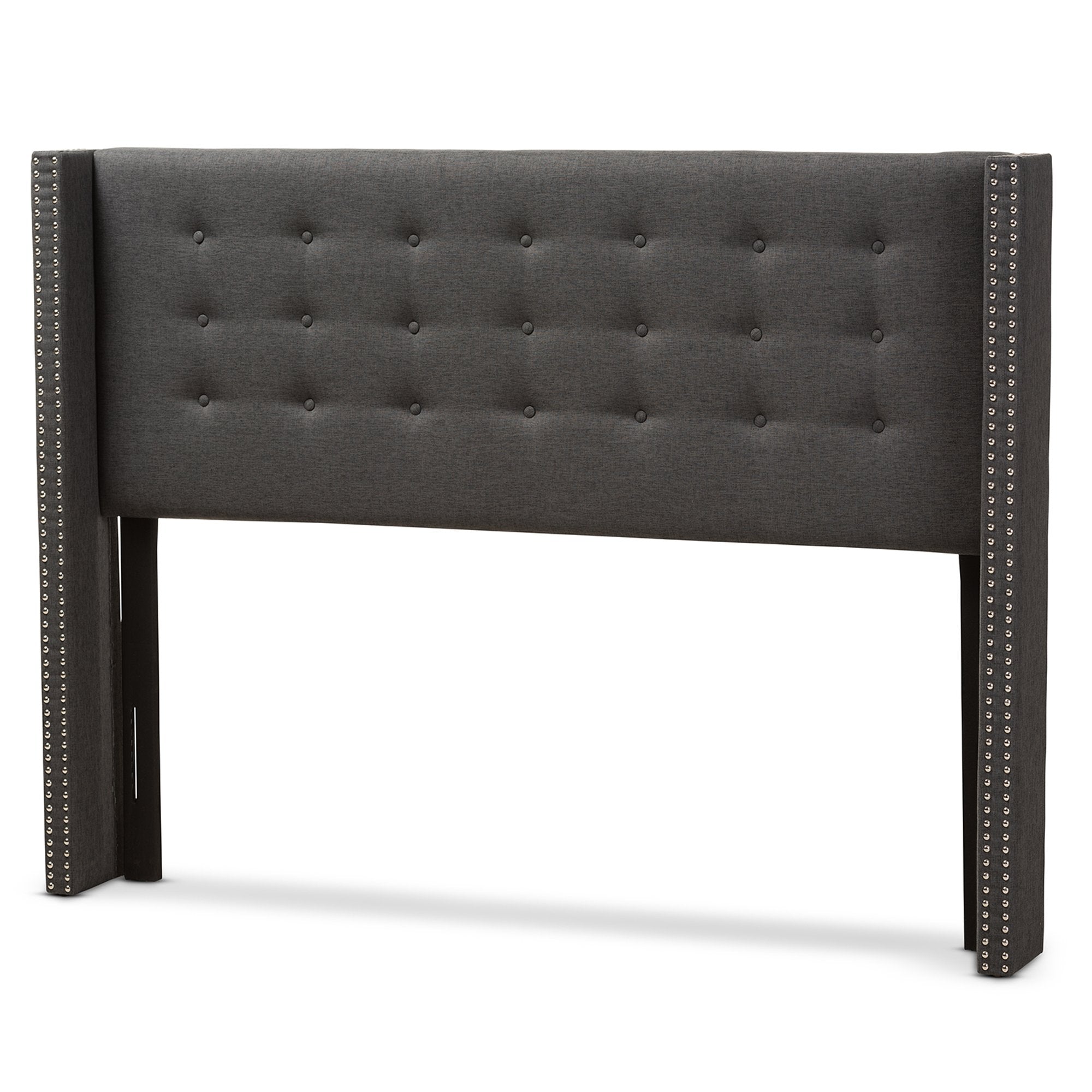 Baxton Studio Ginaro Modern And Contemporary Dark Grey Fabric Button-Tufted Nail head Full Size Winged Headboard