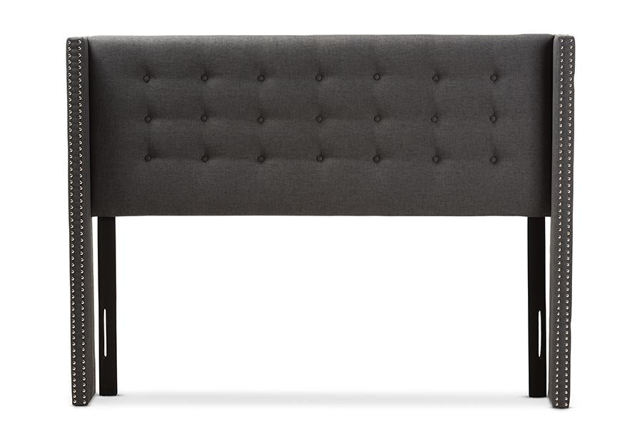 Baxton Studio Ginaro Modern And Contemporary Dark Grey Fabric Button-Tufted Nail head King Size Winged Headboard