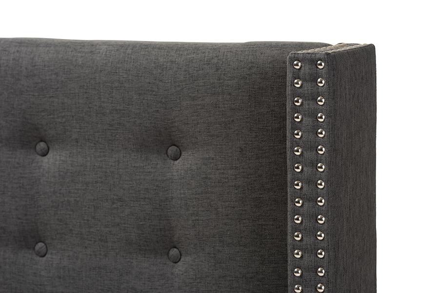 Baxton Studio Ginaro Modern And Contemporary Dark Grey Fabric Button-Tufted Nail head Full Size Winged Headboard