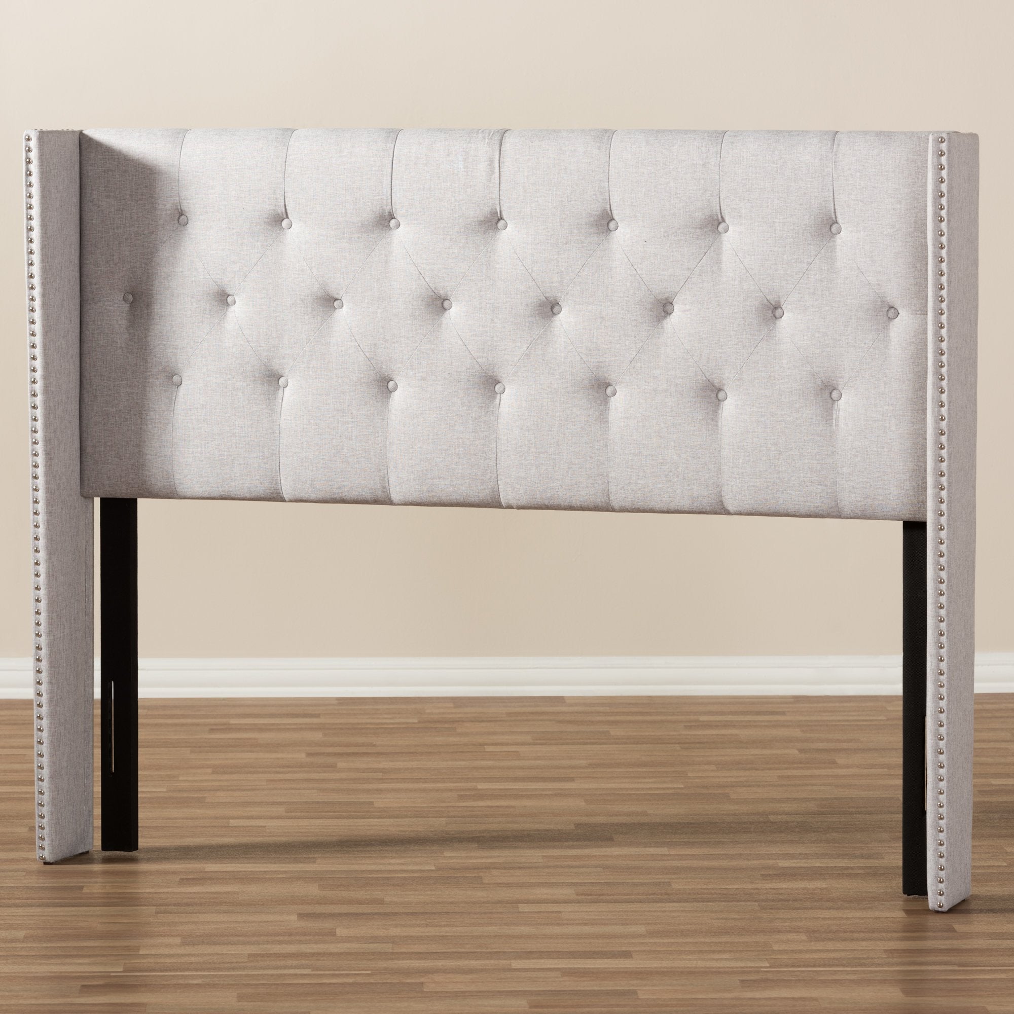 Baxton Studio Ally Modern And Contemporary Greyish Beige Fabric Button-Tufted Nail head Full Size Winged Headboard