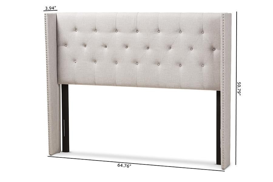 Baxton Studio Ally Modern And Contemporary Greyish Beige Fabric Button-Tufted Nail head Full Size Winged Headboard