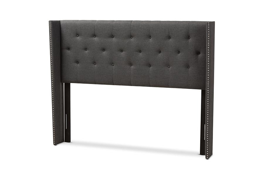 Baxton Studio Ally Modern And Contemporary Dark Grey Fabric Button-Tufted Nail head Full Size Winged Headboard