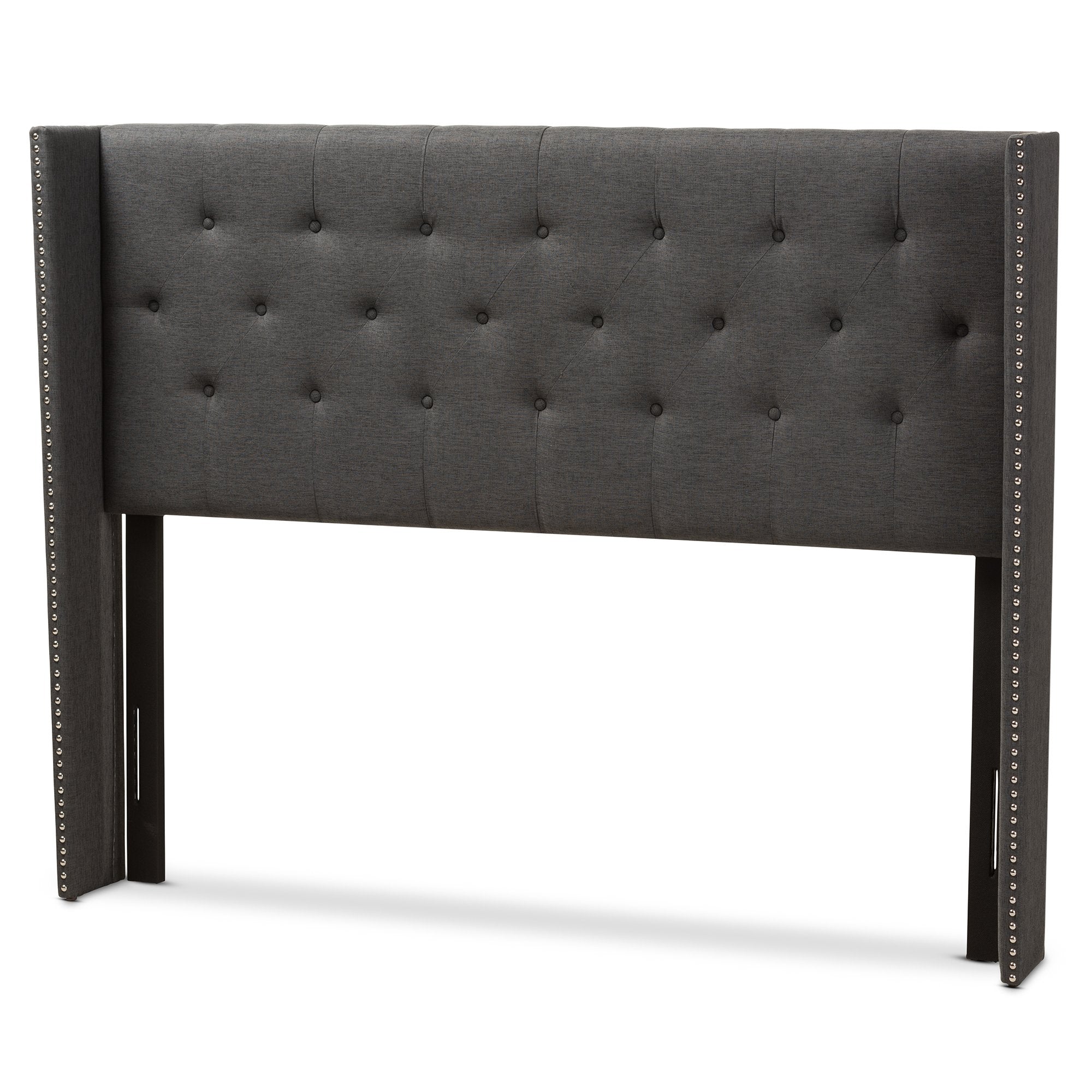 Baxton Studio Ally Modern And Contemporary Dark Grey Fabric Button-Tufted Nail head Full Size Winged Headboard