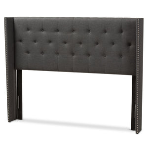 Baxton Studio Ally Modern And Contemporary Dark Grey Fabric Button-Tufted Nail head King Size Winged Headboard