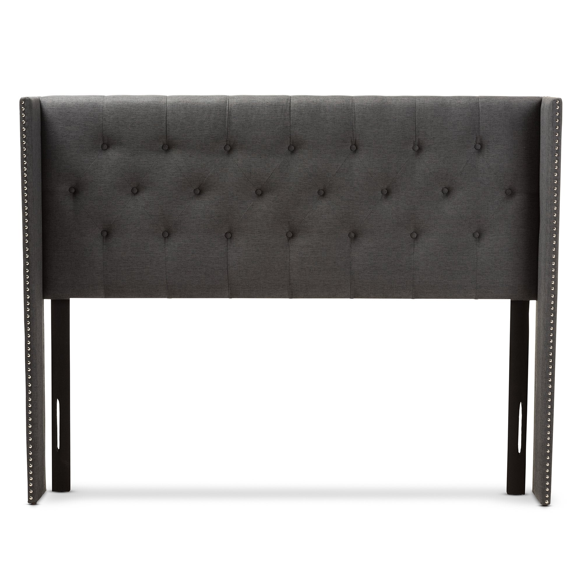 Baxton Studio Ally Modern And Contemporary Dark Grey Fabric Button-Tufted Nail head Full Size Winged Headboard