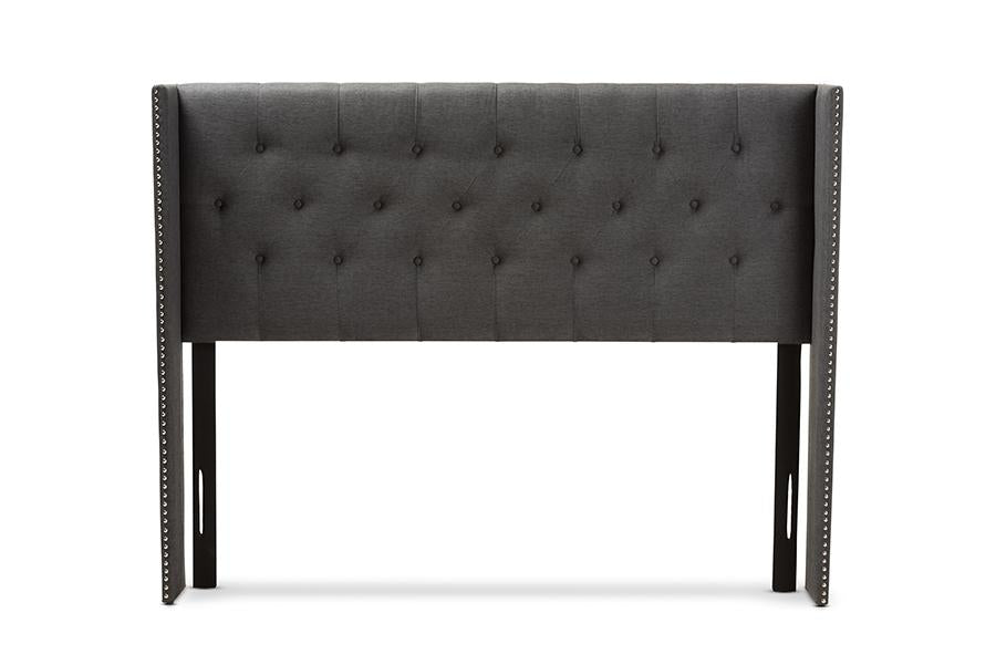 Baxton Studio Ally Modern And Contemporary Dark Grey Fabric Button-Tufted Nail head King Size Winged Headboard