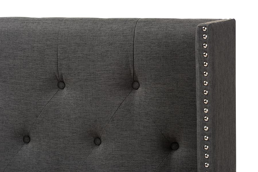 Baxton Studio Ally Modern And Contemporary Dark Grey Fabric Button-Tufted Nail head Full Size Winged Headboard